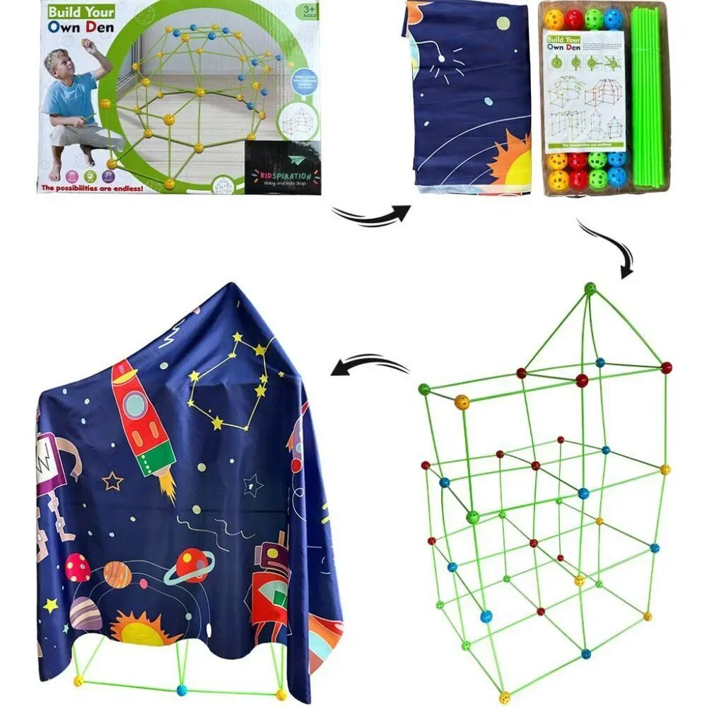 Space Themed Fort Building Kit 28 Balls 52 Rods Space Sheet Kids Ages 3+ New